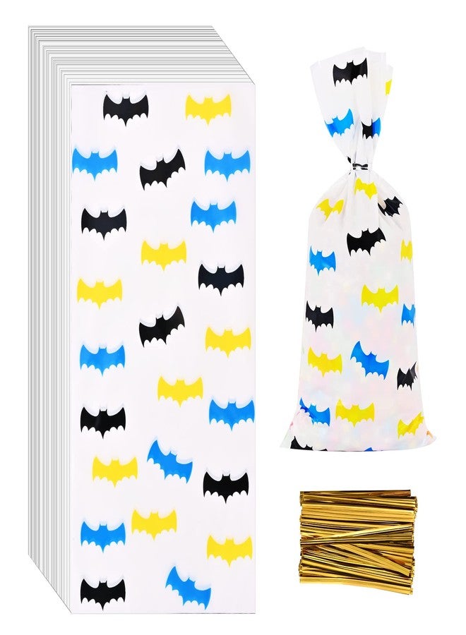Lecpeting 100 Pcs Bat Treat Bags Bat Print Cellophane Candy Bags Hero Party Favor with Twist Ties for Kids Hero Theme Birthday Party Supplies - Image 1